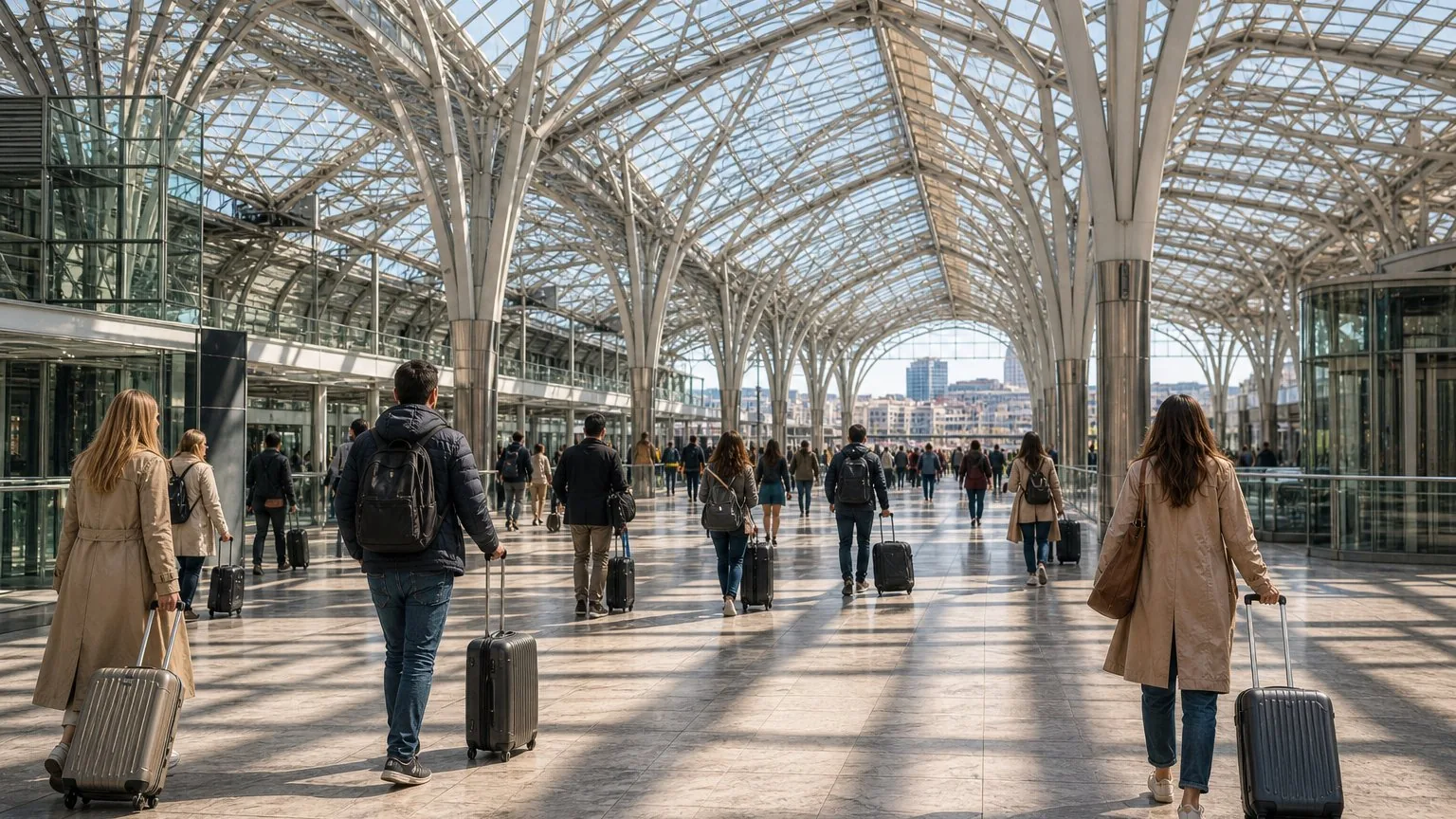 Travellers moving through a modern Lisbon train station concourse