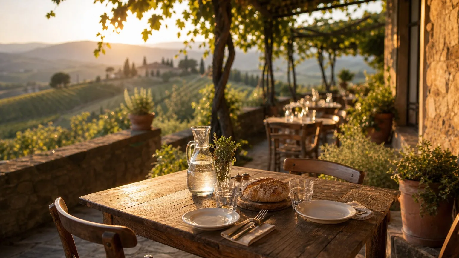 Tuscan trattoria terrace under a vine pergola in autumn