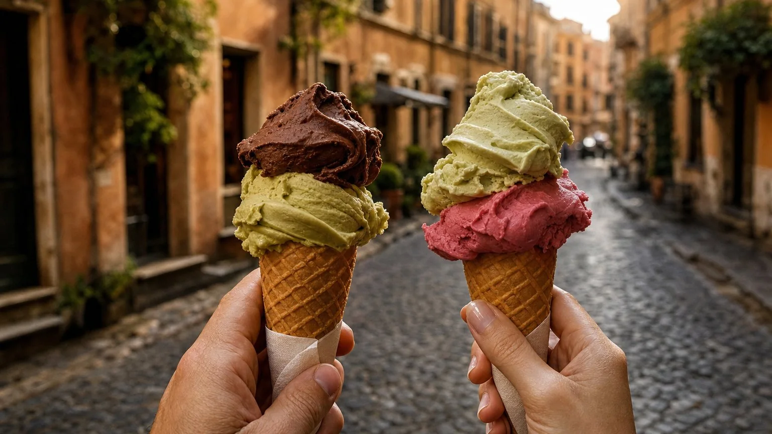 Two waffle cones of colourful gelato held on a Rome cobblestone street