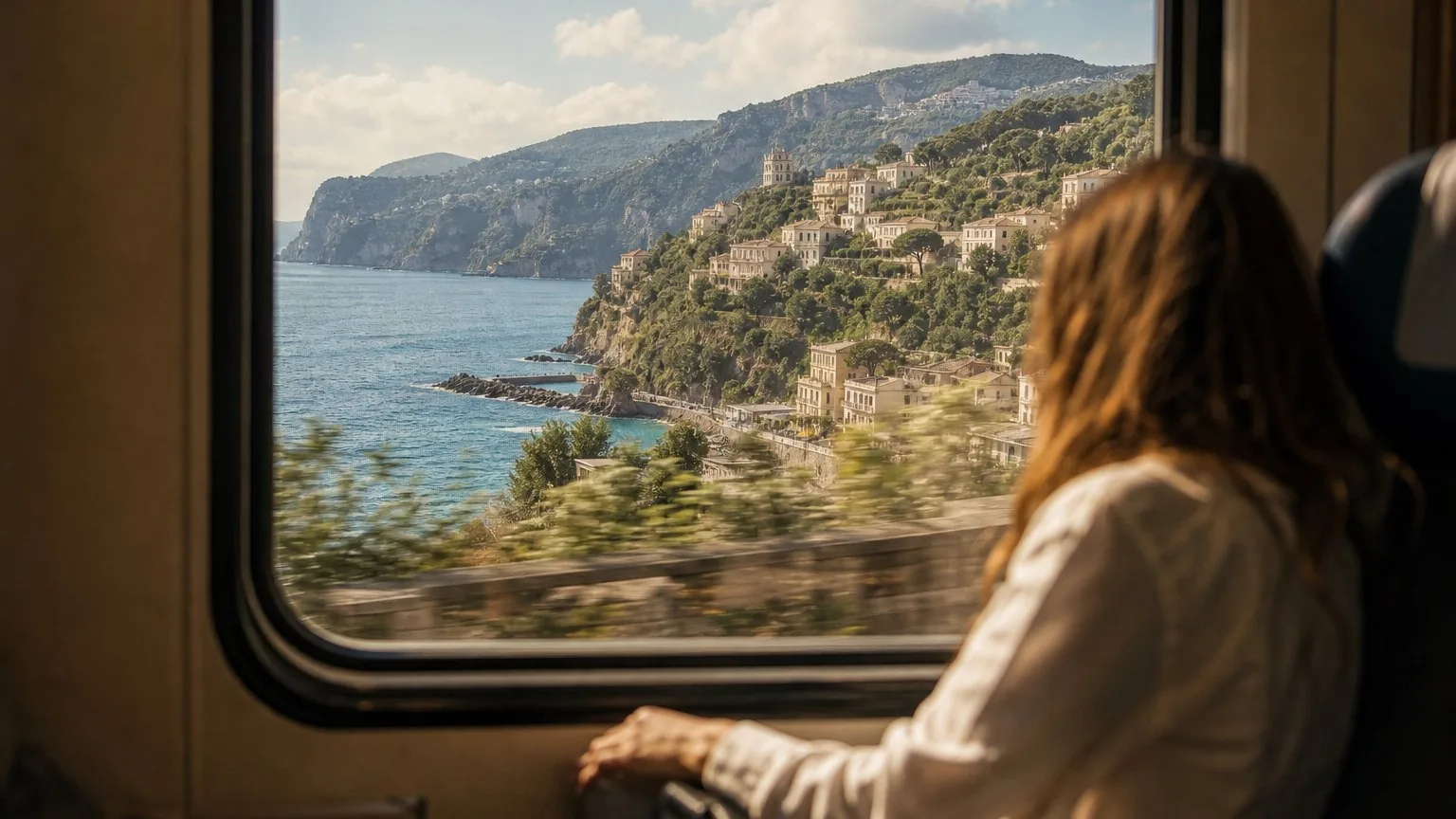 View of the Amalfi coastline from inside a regional train carriage.