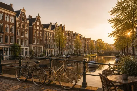 A quiet Amsterdam-style canal lined with tall canal houses at golden hour, with bicycles resting on a bridge railing and a small boat on the water.