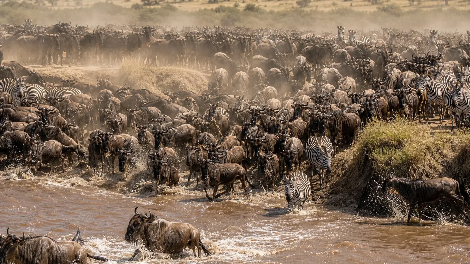Wildebeest herd gathering at a river crossing point during the Great Migration.