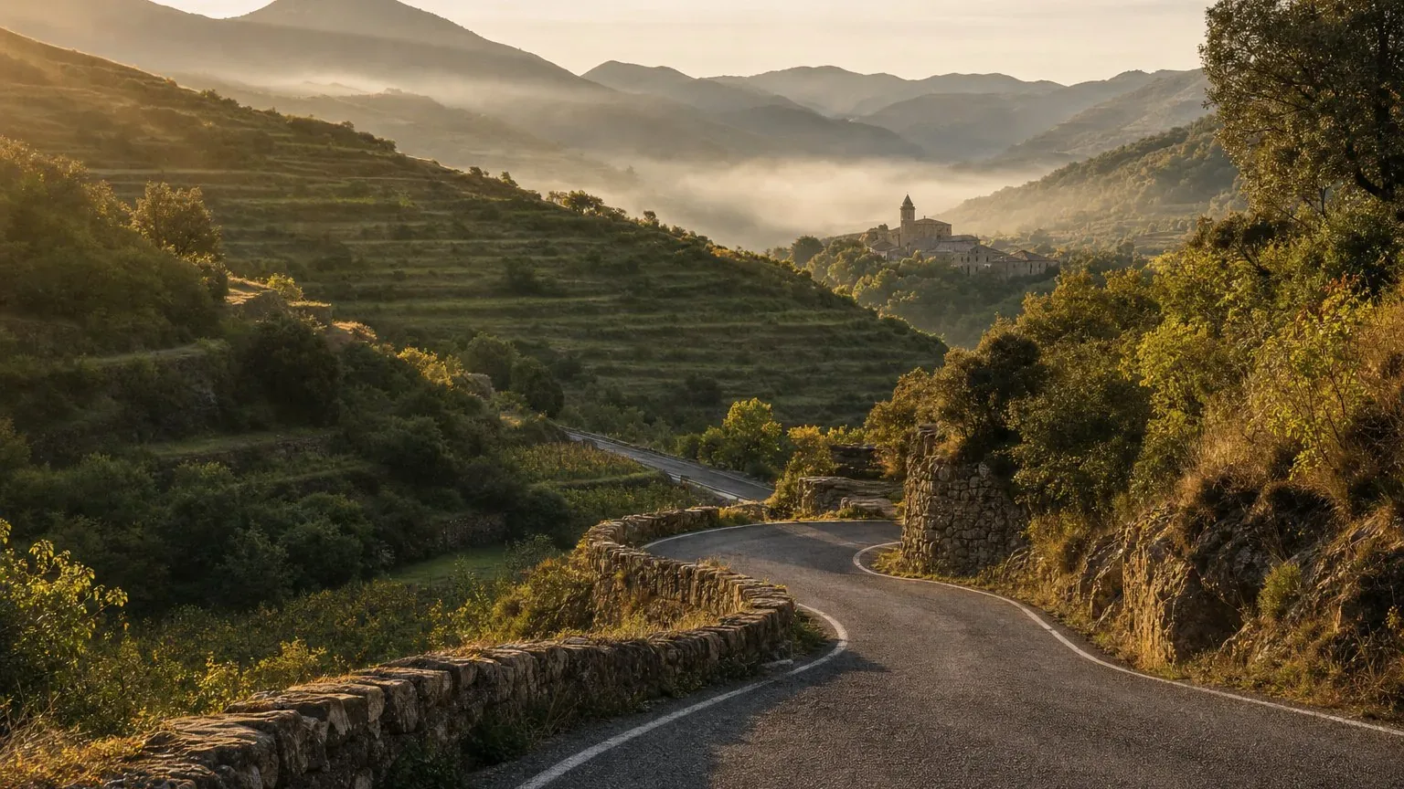Winding road through green Pyrenees hills between France and Spain