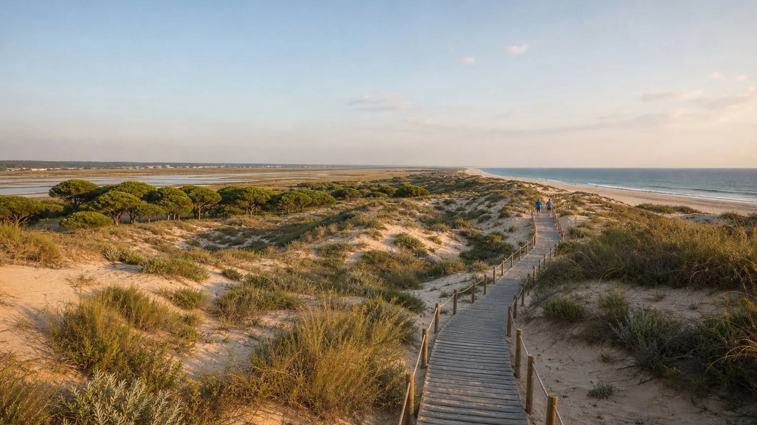 Wooden boardwalk crossing dunes toward Praia da Comporta in the Alentejo