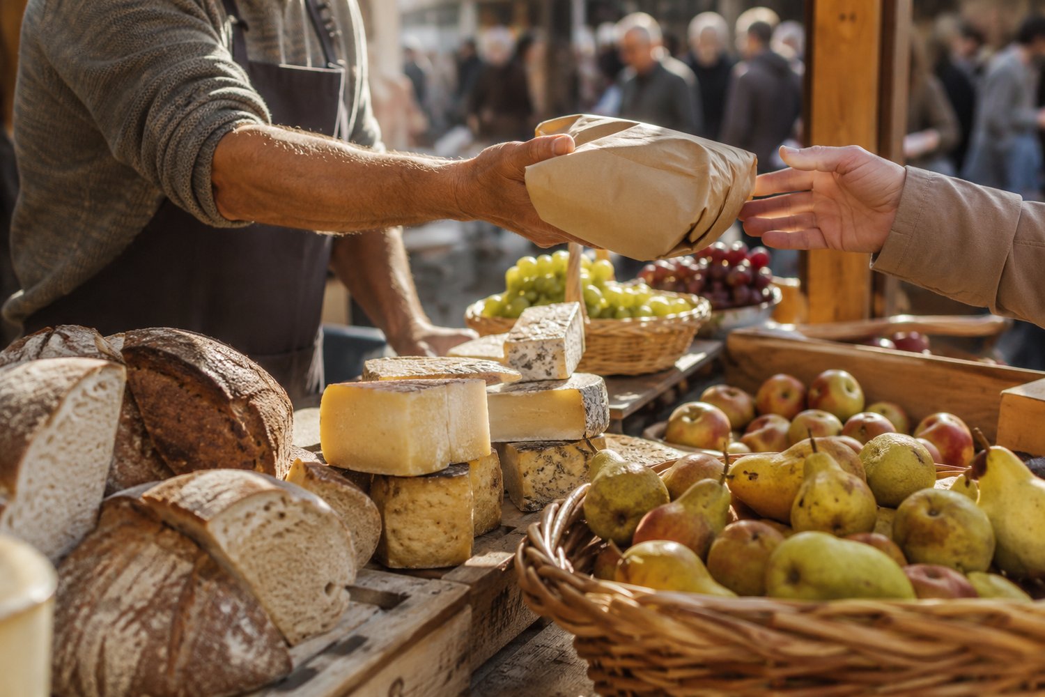 Local market stall with fresh bread and cheese