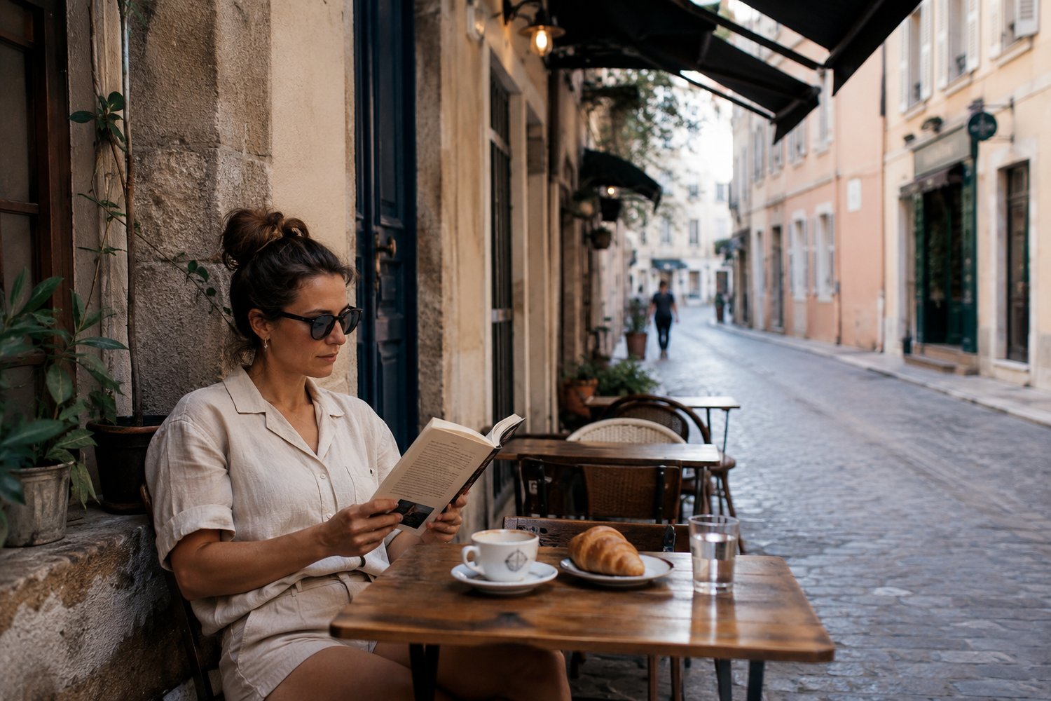 Traveller reading at a cafe on a quiet European street