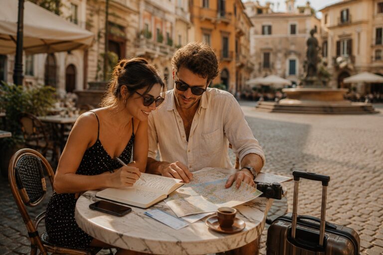 Couple with a map at a sunny European piazza café