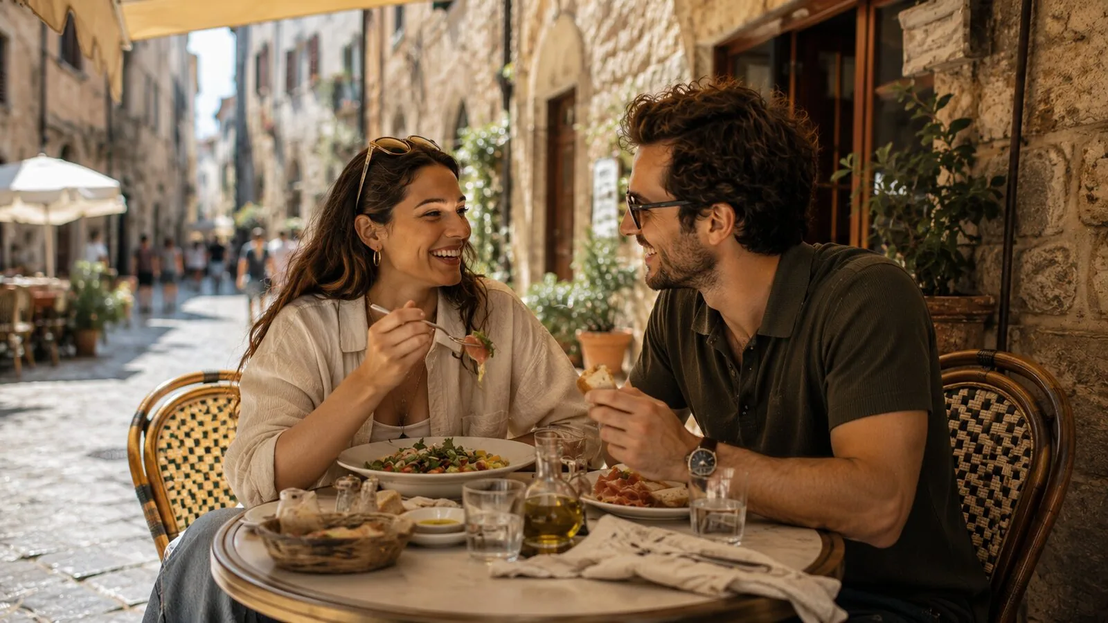 Couple sharing lunch at an outdoor cafe in a European old town