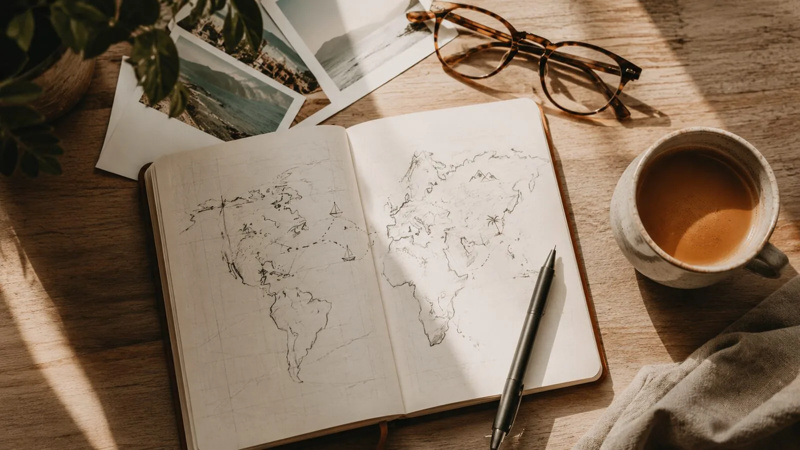 Overhead flatlay of a travel notebook, coffee and pen on a desk