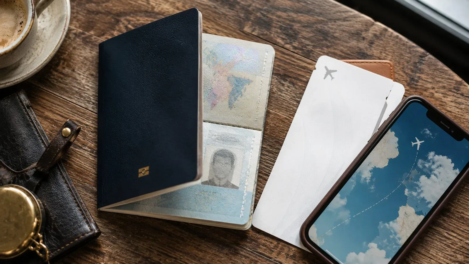 Flatlay of a passport, boarding pass and phone on a cafe table