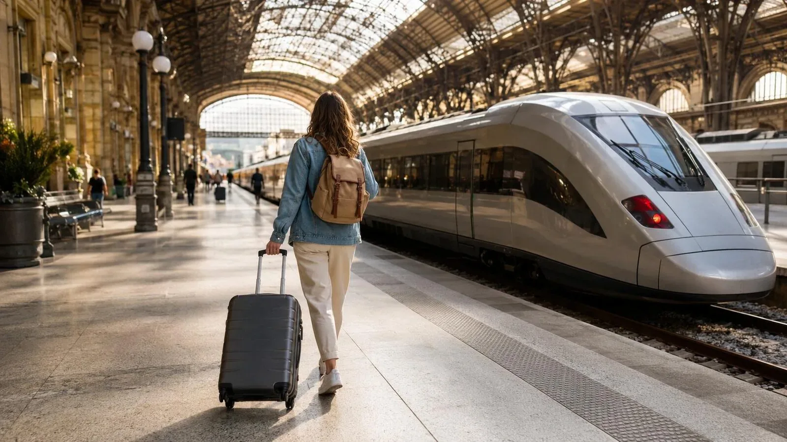 High-speed train arriving at a European platform in morning light